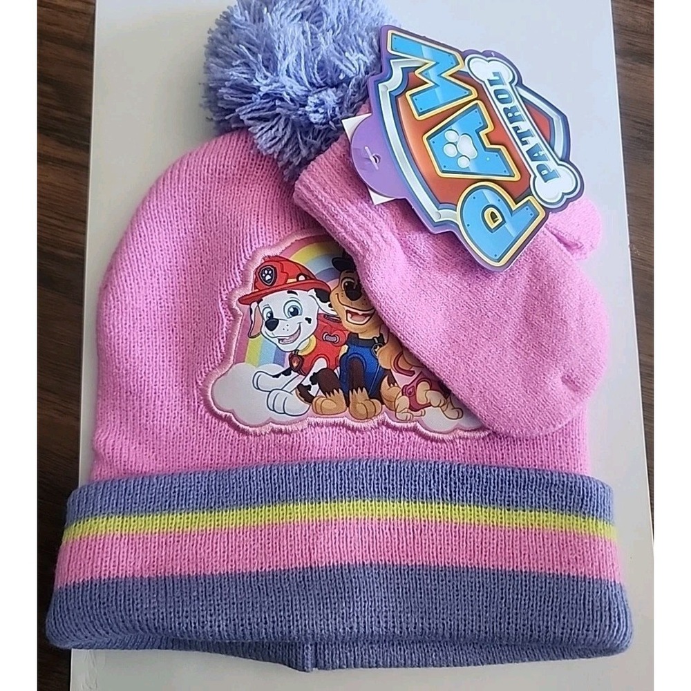 New Paw Patrol Kids Girl Beanie Winter Hat Mitten Pink Purple Toddler Nickeloden